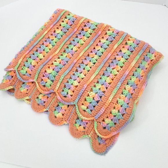 36" x 55" Vintage Crochet Hand Made Scallop Throw Blanket Pastel Rainbow Pride - Picture 2 of 5